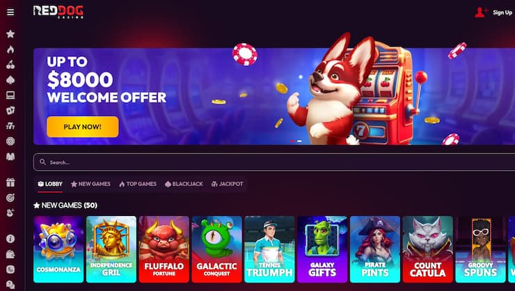 Main display from Red Dog, a major player among instant payout casino sites.
